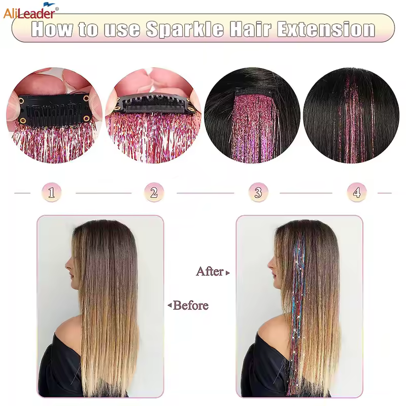 Shiny Sparkle Hair Extension Clip In Hair Tinsel Glitter Fairy Hair Tinsel Kit Heat Resistant 5Pcs Hair Streak Synthetic Hair - Image 4