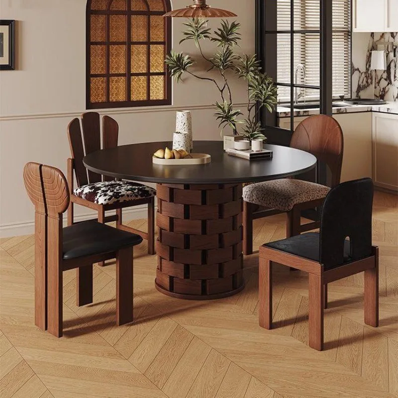 Medieval dining table round building block rock slab dining table, small household matte black rock slab