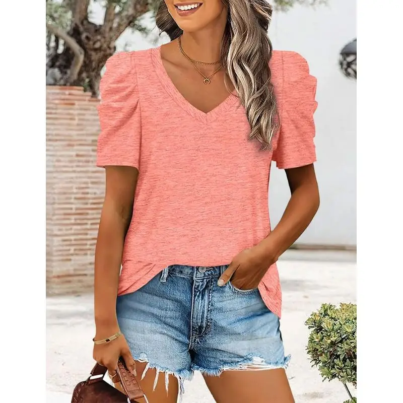 Womens Summer Shirt Casual Tshirts Puff Sleeve Tops Women Solid Color