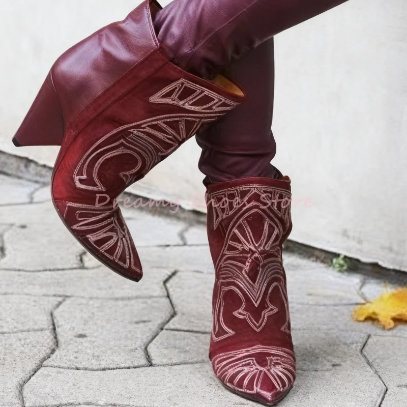 الأحمر التطريز أسافين وأشار حذاء من الجلد النساء جلد أسود الانزلاق على الأحذية القصيرة الغربية موضة ريترو أحذية ربيع الخريف الطرف