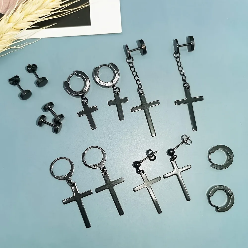 7 Pairs Stainless Steel Dangle Hoop Earrings For Men, Punk Cool Stud Earring