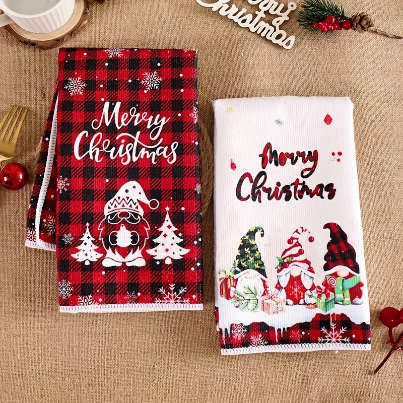 2 stuks Kerst Gnome theedoeken Buffalo Plaid Sneeuwvlok Print Vrolijk Kerstfeest keukendoek hangende keukendoek Kerst huisdecoratie