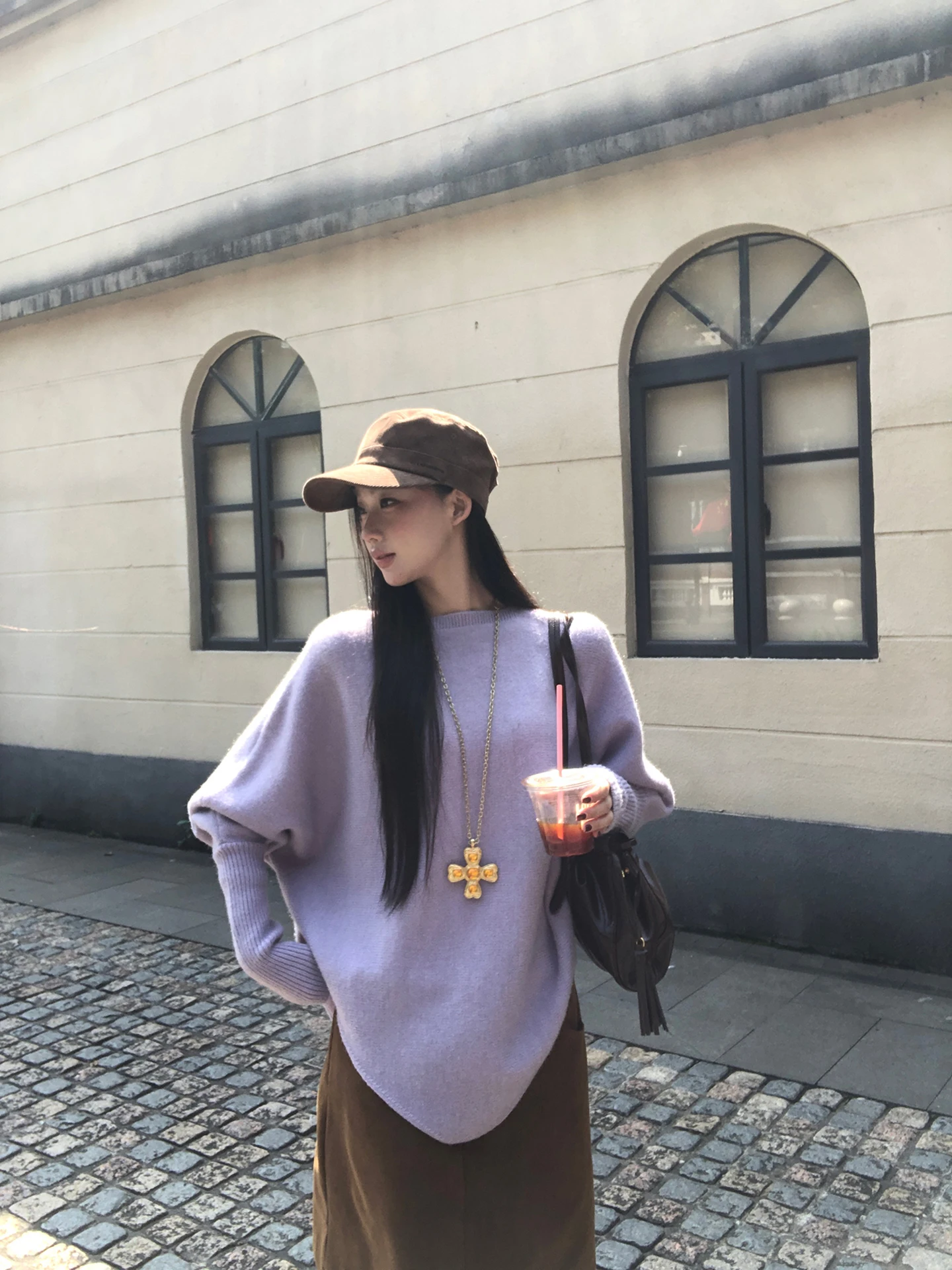 

Ele Long Sve женский свитер фиолетового цвета, вязаный топ Lazy Sle, осень-зима, модный, высокое качество, прямая трубка Dr