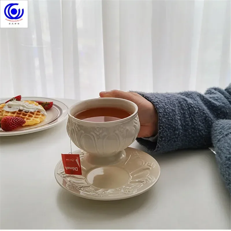 Art sense retro ceramic coffee cup and saucer set relief cup exquisite afternoon tea tea set