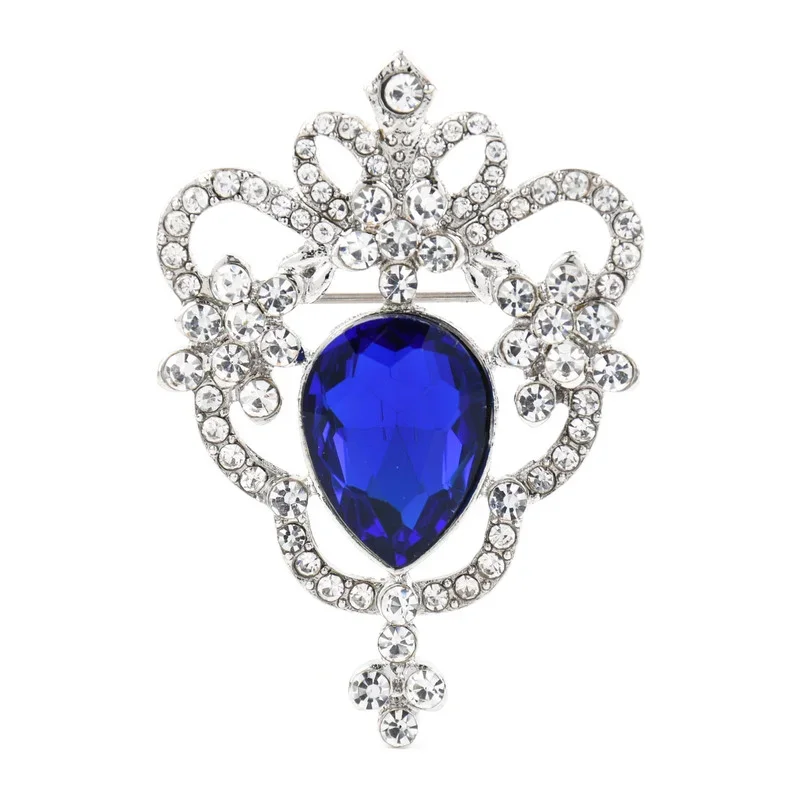 Blue Crystal Crown Brooches for Women Fashion Vintage Jewelry Beautiful Shining Rhinestone Pins