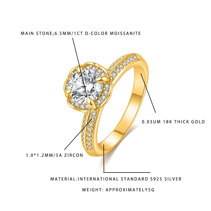 

Luxury 925 Sterling Silver 18K Gold Plated Moissanite Ring 1CT D Color 6.5mm Halo Design with 5A Zircon Women's Wedding Band