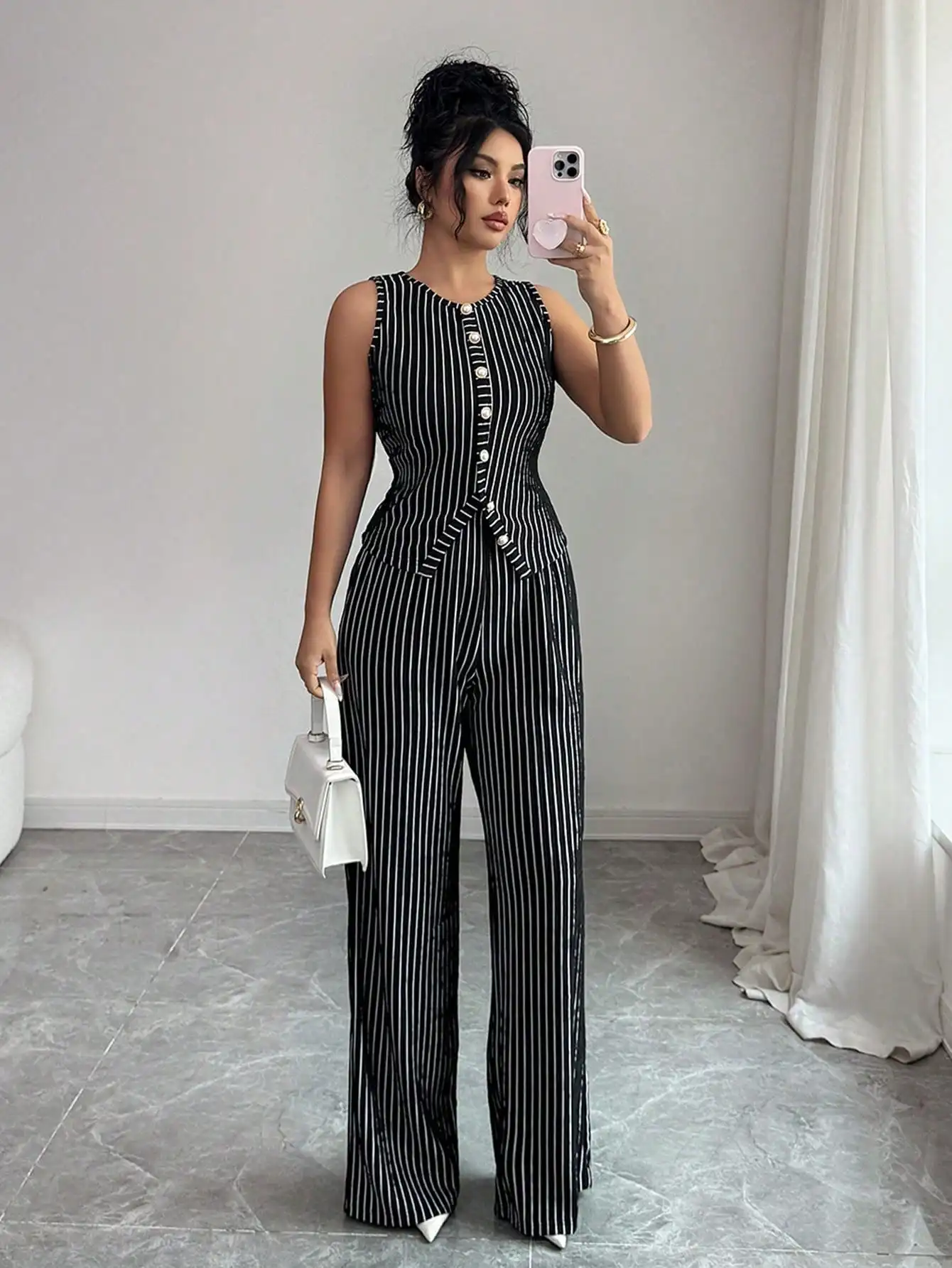 

Women's Striped Sleeveless Button Front Jumpsuit High Waist Wide Leg Pants Elegant Commuter Style