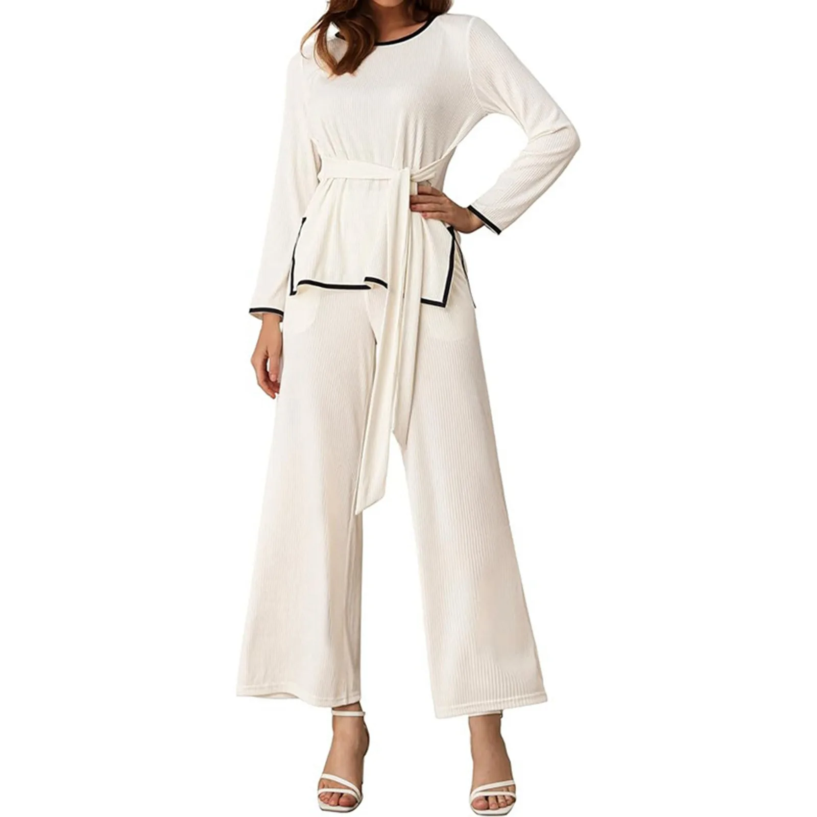 

Women Autumn 2 Piece Sets Casual O-neck Front Tie Tops And Wide Leg Pants Suit New Elegant Fall Outfits Sleepwear Nightwear