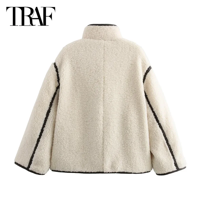 TRAF Teddy Fleece Women\'s Warm Winter Jacket 2024 Autumn Oversized Parkas Long Sleeve Plush Jacket Coats New In Outerwears