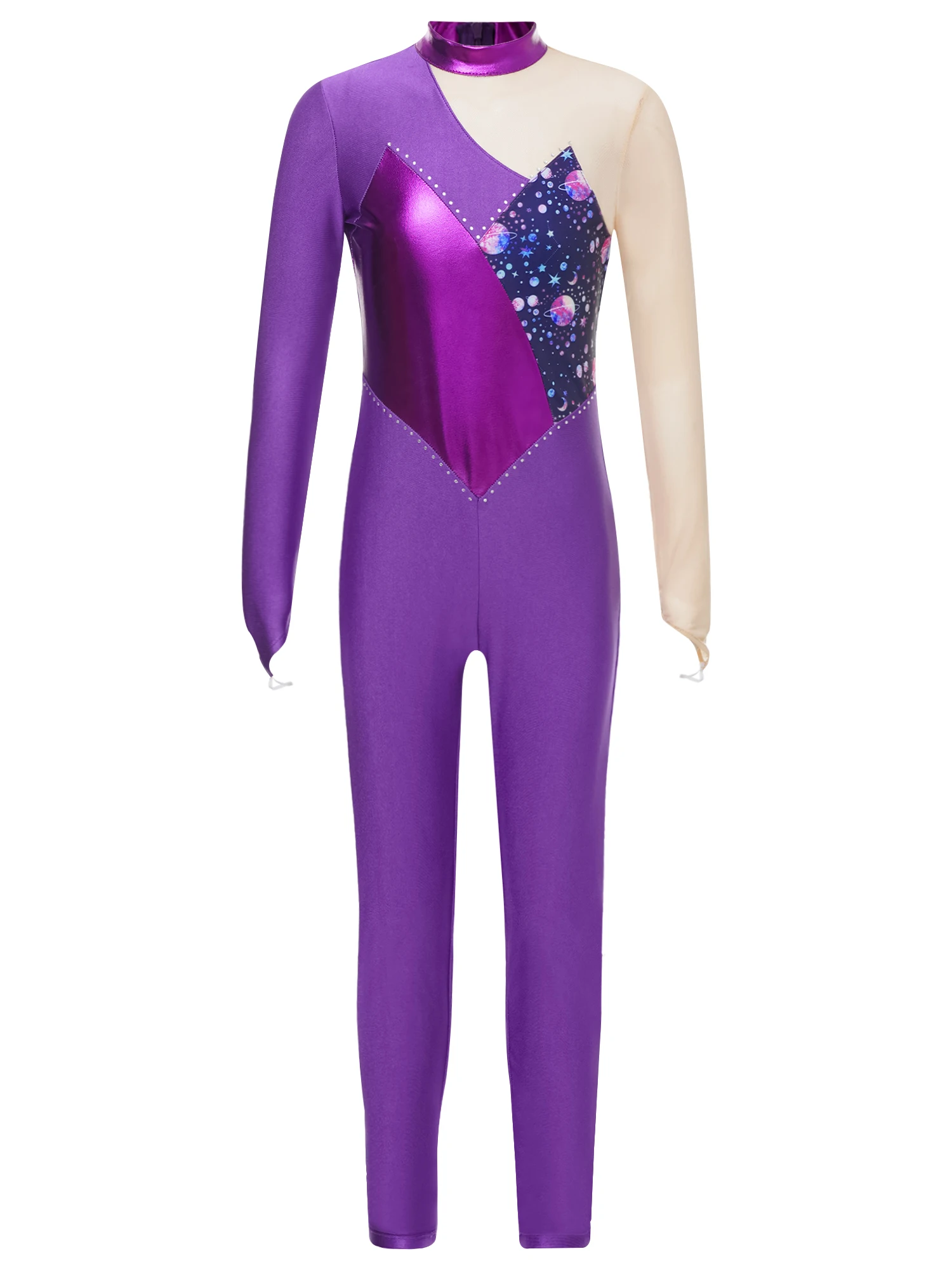 Kids Girls Figure Skating Jumpsuit Rhythmic Gymnastics Ballet Dance Leotard Bodysuit Long Sleeve Mesh Stage Performance Costumes