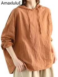 Amax luluE 2025 Korean Spring Fashion Tops Womens Loose Hooded Solid Shirts Ladies Luxury Casual Classic Vintage Cotton Blouses