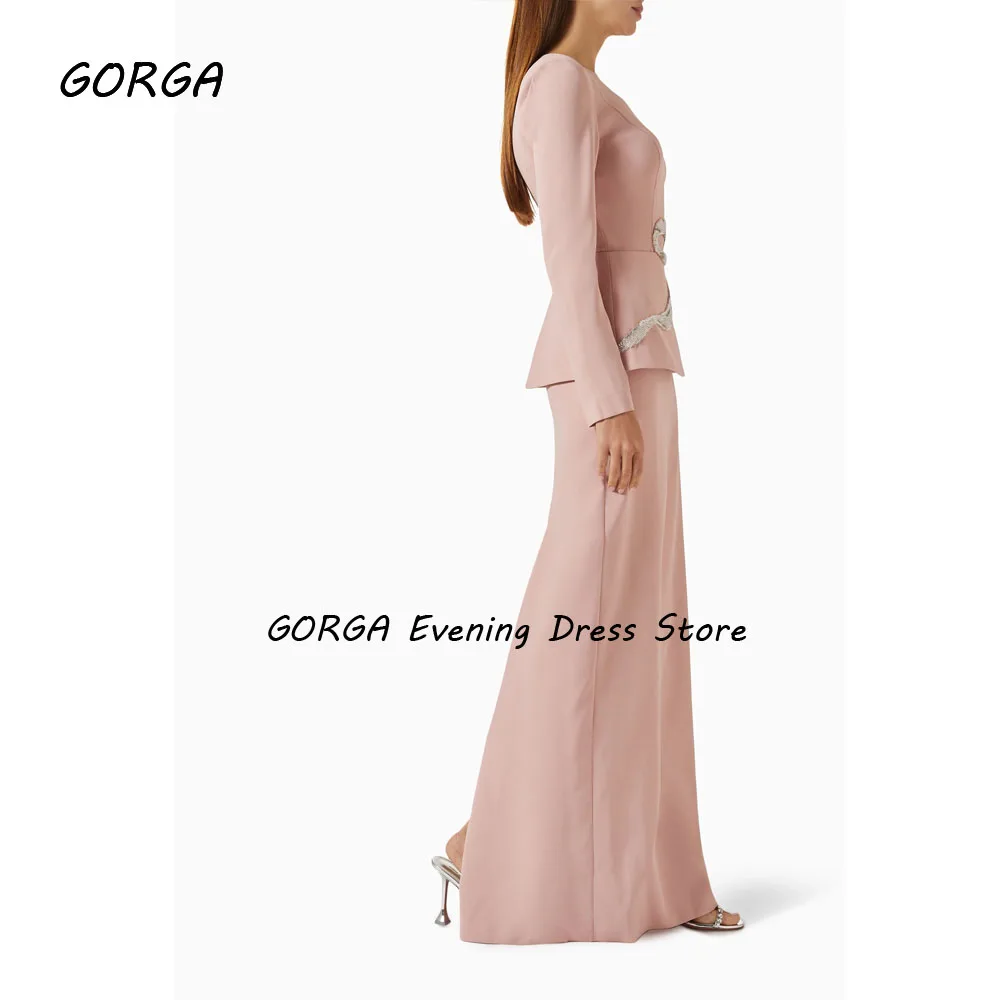 GORGA Abito da sera formale con o-collo rosa personalizzato Abito da ballo in crêpe a sirena con perline sottili Abito da festa a maniche lunghe 2025