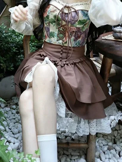 Jupe Lolita Kawaii taille haute pour femme, mini jupe rétro marron, nœud patchwork en dentelle A-Line, mode japonaise vintage, gâteau d'été, 2024