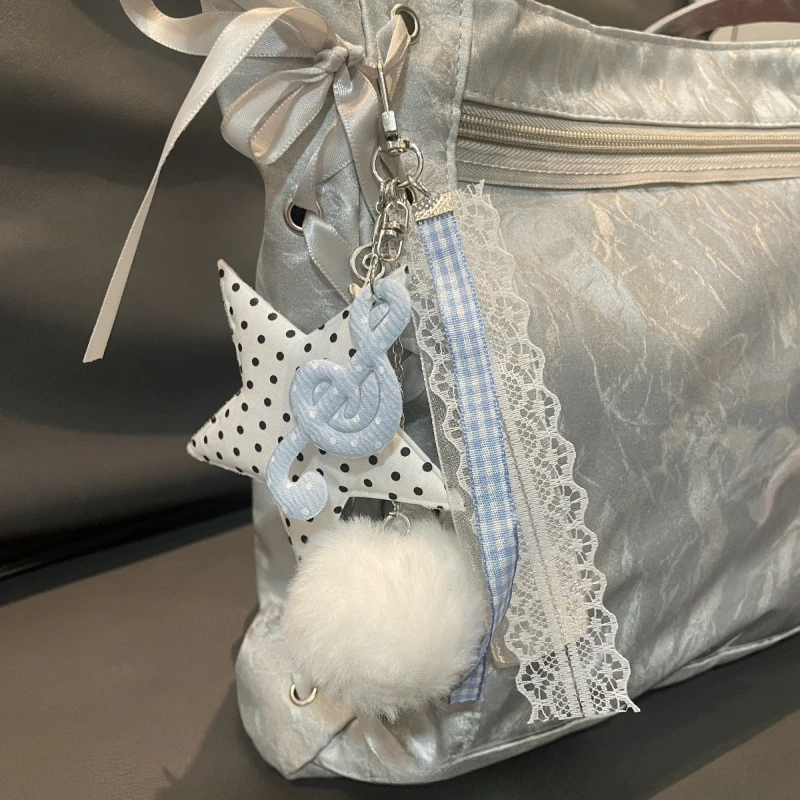 Vintage Silver Polka Dot Star Music Note Ball Bead Bow Keychain Necklace for Women Y2K Ins Pendant Charm Purse Accessory