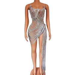 Women Celebrate Birthday Evening Gown Dress Prom Outfit Sexy Show Stage Wear Sparkly Rhinestones Fringes Mesh See Through Dress