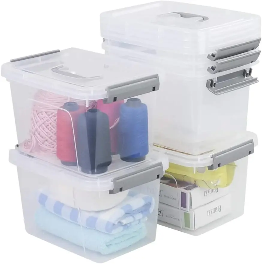 

6 Quart Clear Storage Bin, Plastic Stackable Box/Container with Lid and Grey Handle, 6 Packs, R