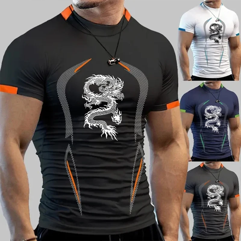 

New Men's Summer Stretch Tees Short Sleeve Quick Drying Breathable T-shirt Sports Dragon Plus Size Printed Soft Fashion Tops