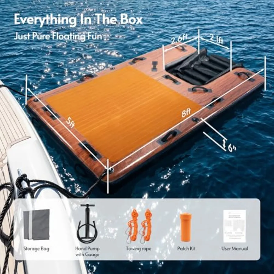 Inflatable Floating Dock for oceans, lakes, docks; EVA foam; gray; anti-slip surface, 600 lbs capacity, dog ramp, air pump incl
