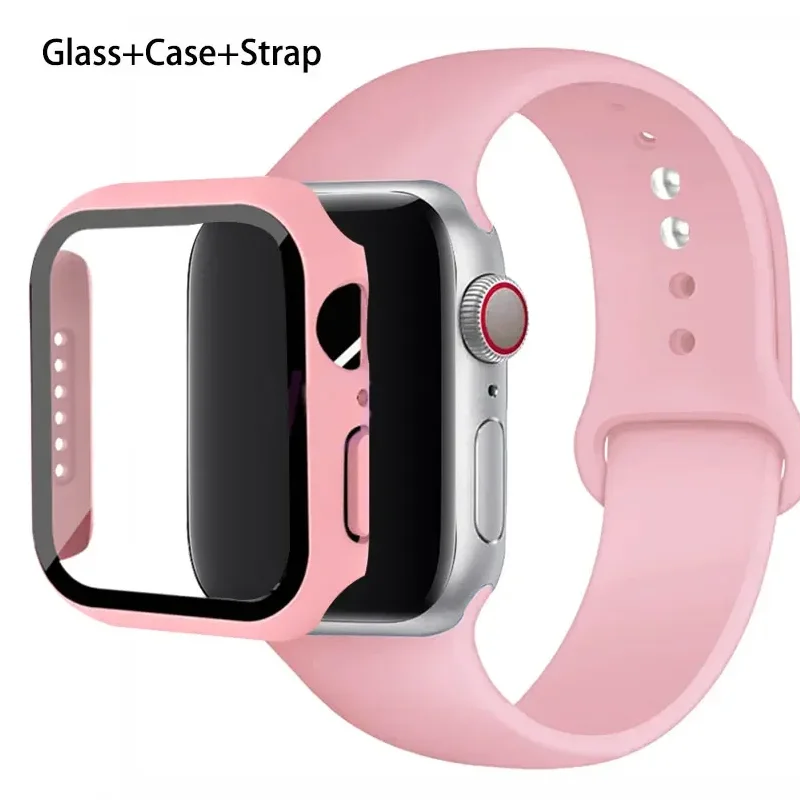 

Case+Glass+band For Apple Watch bands 44mm 40mm 45mm 41mm 38mm 42mm Silicone sport bracelet iWatch series 8 9 7 6 5 4 3 SE strap