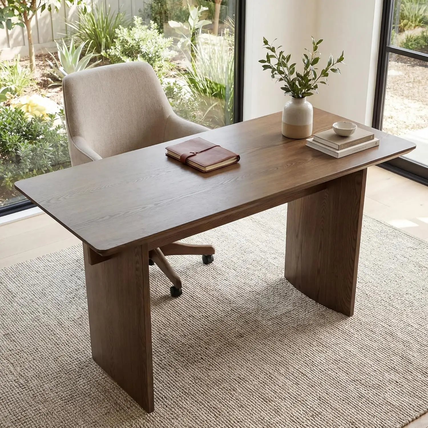 

55" Modern Minimalist Desk Spacious Home Office Desk with Sturdy Two-Pedestal Design Natural Walnut Finish for, Customized