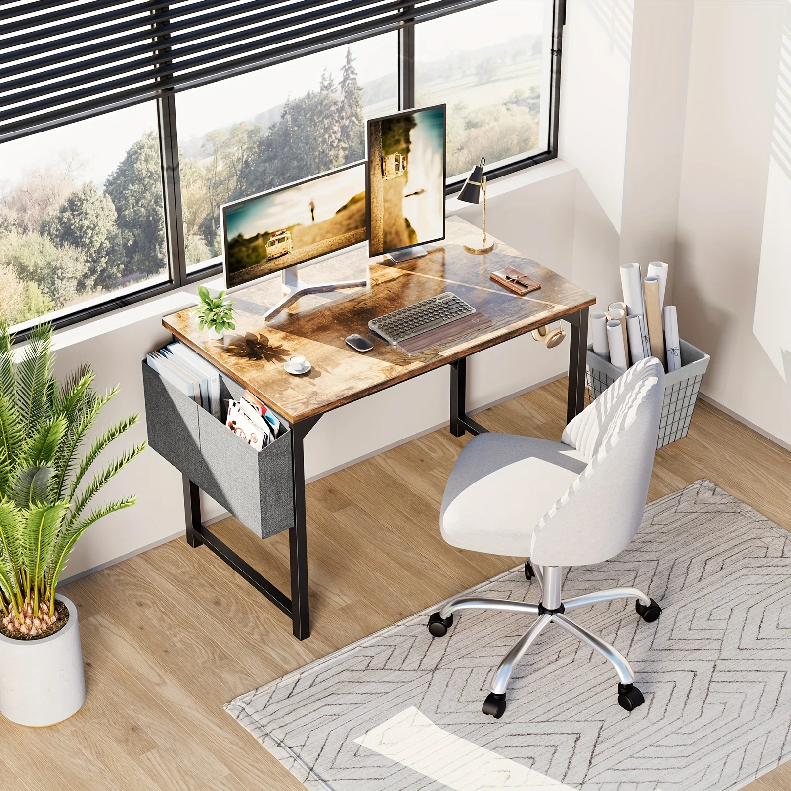 Modern Minimalist Small Computer Desk For Writing Studying And Working With Storage Bag And Hooks Suitable For Home Bedrooms