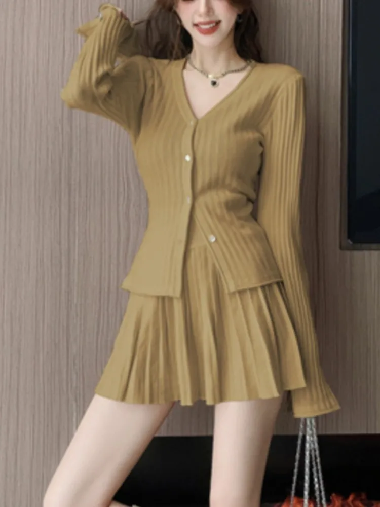 Y2K Elegant Two-piece Solid Skirt Sets Women V-neck Long Sleeve Knitted Cardigan + Mini Pleated Skirt Autumn Korean Chic Suit