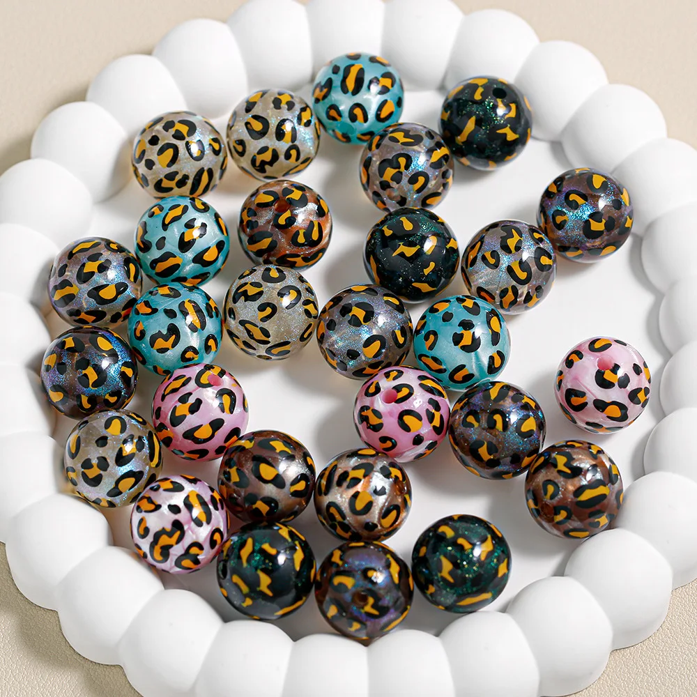 

DIY Jewelry Findings Fashion Leopard Painting Round Chunky Acrylic Resin Pearl Beads Floral Ornament Loose Spacers 16mm 40pcs