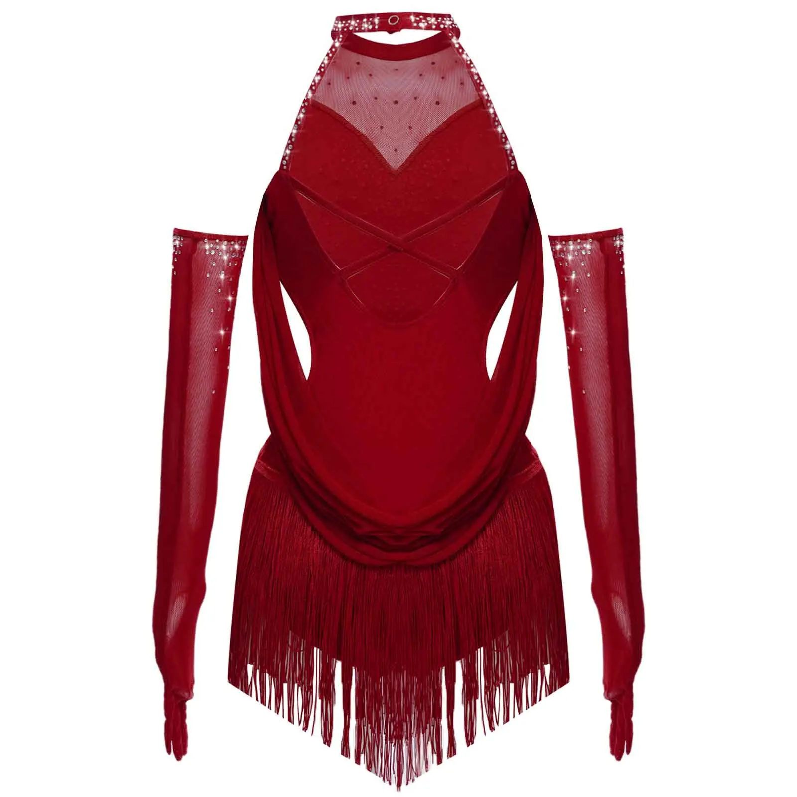 Girls Latin Dance Costume Ruched Mesh Drapes Cutout Tassel Glittery Rhinestones Leotard with 1 Pair Mesh Gloves Latin Dancewear