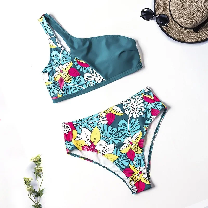 Summer New Trend Bikinis One Shoulder Women's Two Pieces Swimwear Beach Style Bathing Suit Female Push Up Blue Print Swimsuits