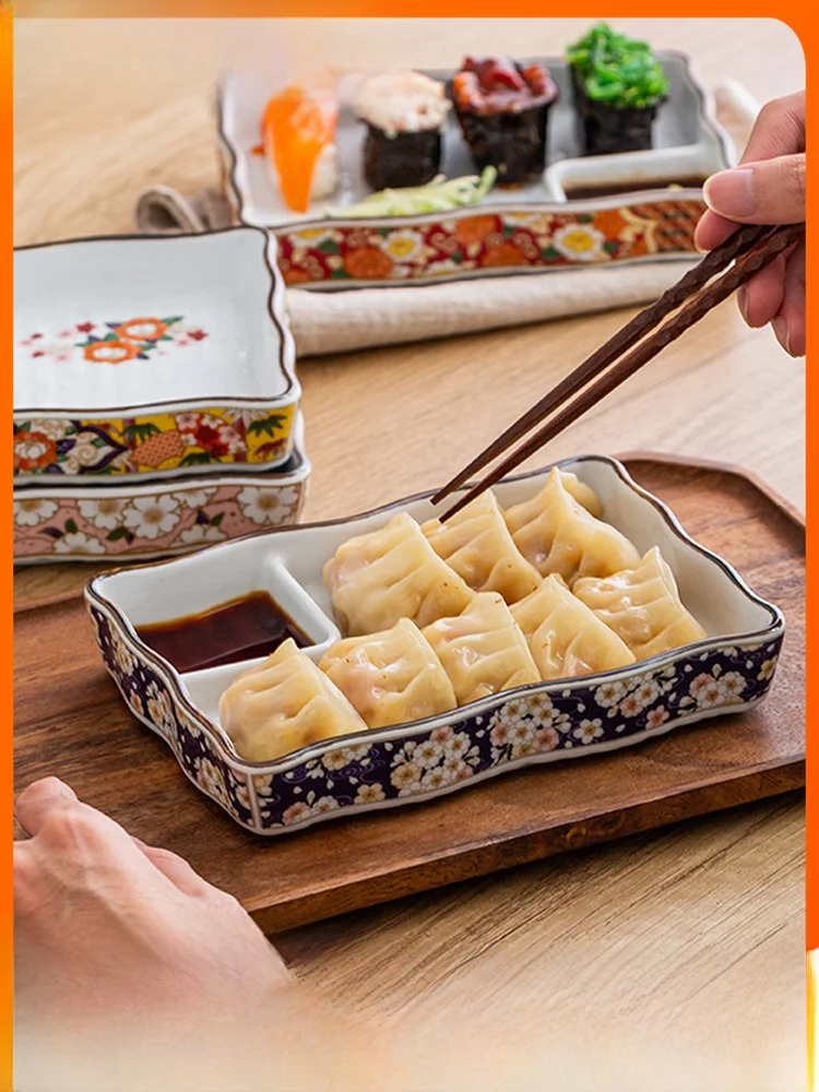 Plato de Cerámica Estilo Japonés con Divisiones para Empanadillas Fritas, Tempura y Salsas, Forma Rectangular, Apto para Adultos, Apto para Lavavajillas