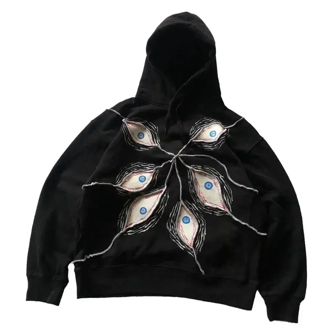 2024 European and American retro hoodie Goth personality patchwork eyes loose super sweatshirt hoodie streetwear sports pullover