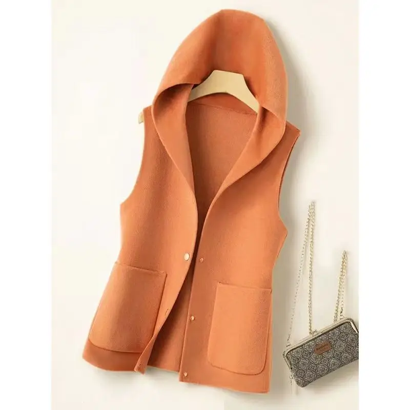 Korean Woolen Hooded Vest Women\'s New Spring Autumn Sleeveless Fashion Versatile Sleeveless Solid Color Pocket Button Short Coat