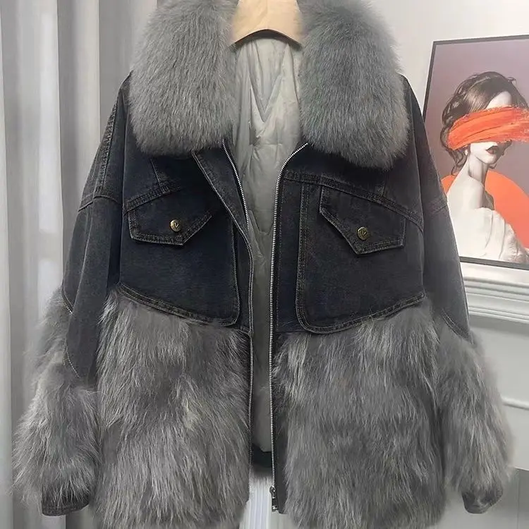 Large Fur Collar Denim Jacket Women Parkas 2024 Winter New Fashion Splicing Coat Imitation Short Outerwear E3094