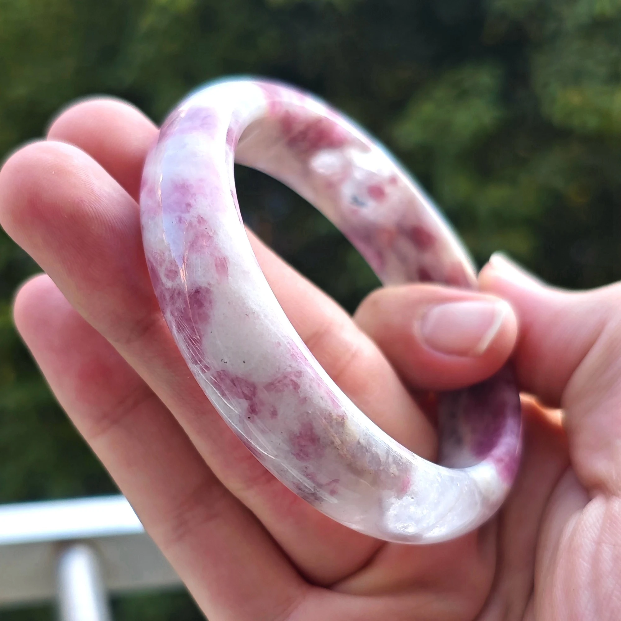 Plum Blossom Tourmaline Bangle Pink Gemstone Bracelet Solid Round Wristband Natural Yellow Specks Statement Jewelry Gift
