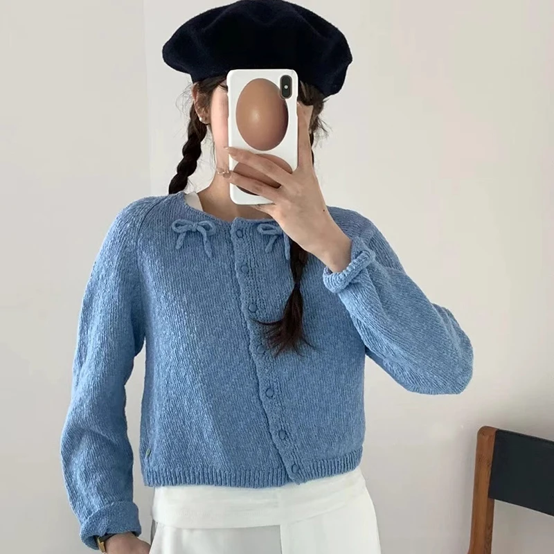 New Sweet Women Sweater Korean Bow Kawaii Female Casual Cardigan Autumn Preppy Style Skew Button O Neck Ladies Crop Tops