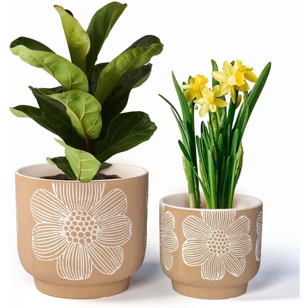 

8 Inch + 6 Inch White Flower Pattern Plant Pots, Sand Glazed Ceramic Planter with Drainage Hole, Flower Pots for Indoor Plants