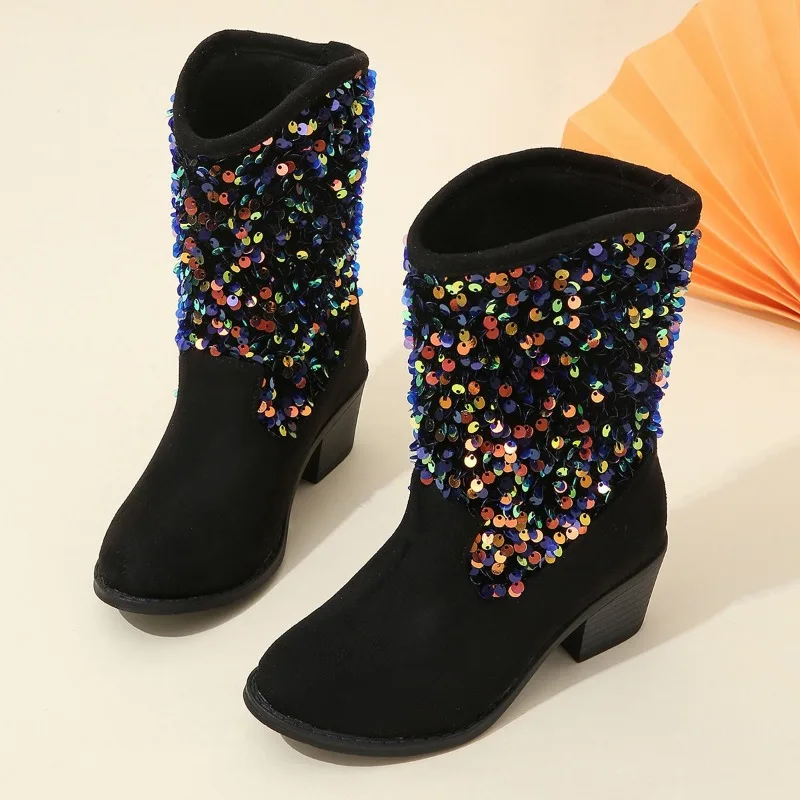 New Girls Boots Sequined Elegant Unique Low Heels Children Fashion Casual Princess Boots Solid Color Kids Slip-on Breatheable