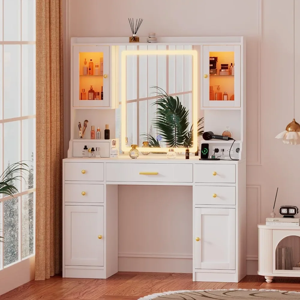 White Large Vanity Desk with Mirror,Lights and Charging Station,Make Up Vanity Mirror with 3 Lights Mode and Brightness Adjusted