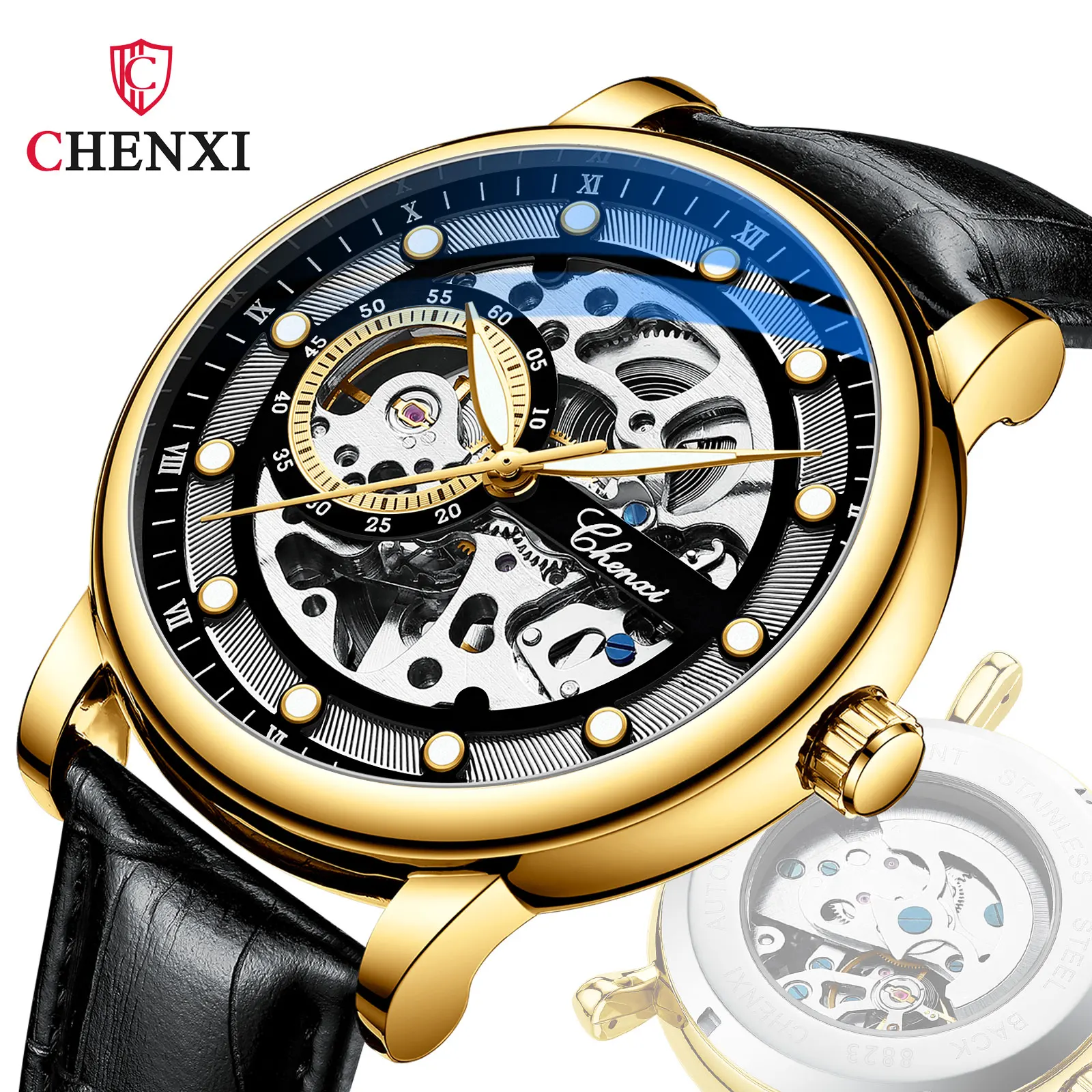 

Fashion Chenxi Top Brand Man Luxury Automatic Mechanical Leather And Full Steel Men Skeleton Waterproof Luminous Skeleton Watch