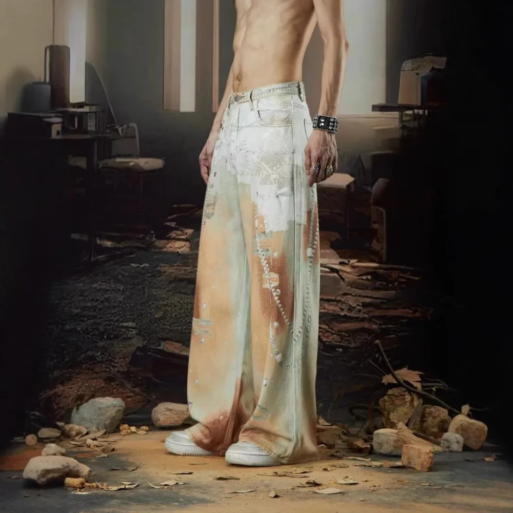 Heavy Industry Chain Printed Jeans Pants Mens Summer American Design Straight Tube Floor Pants and Women's pant