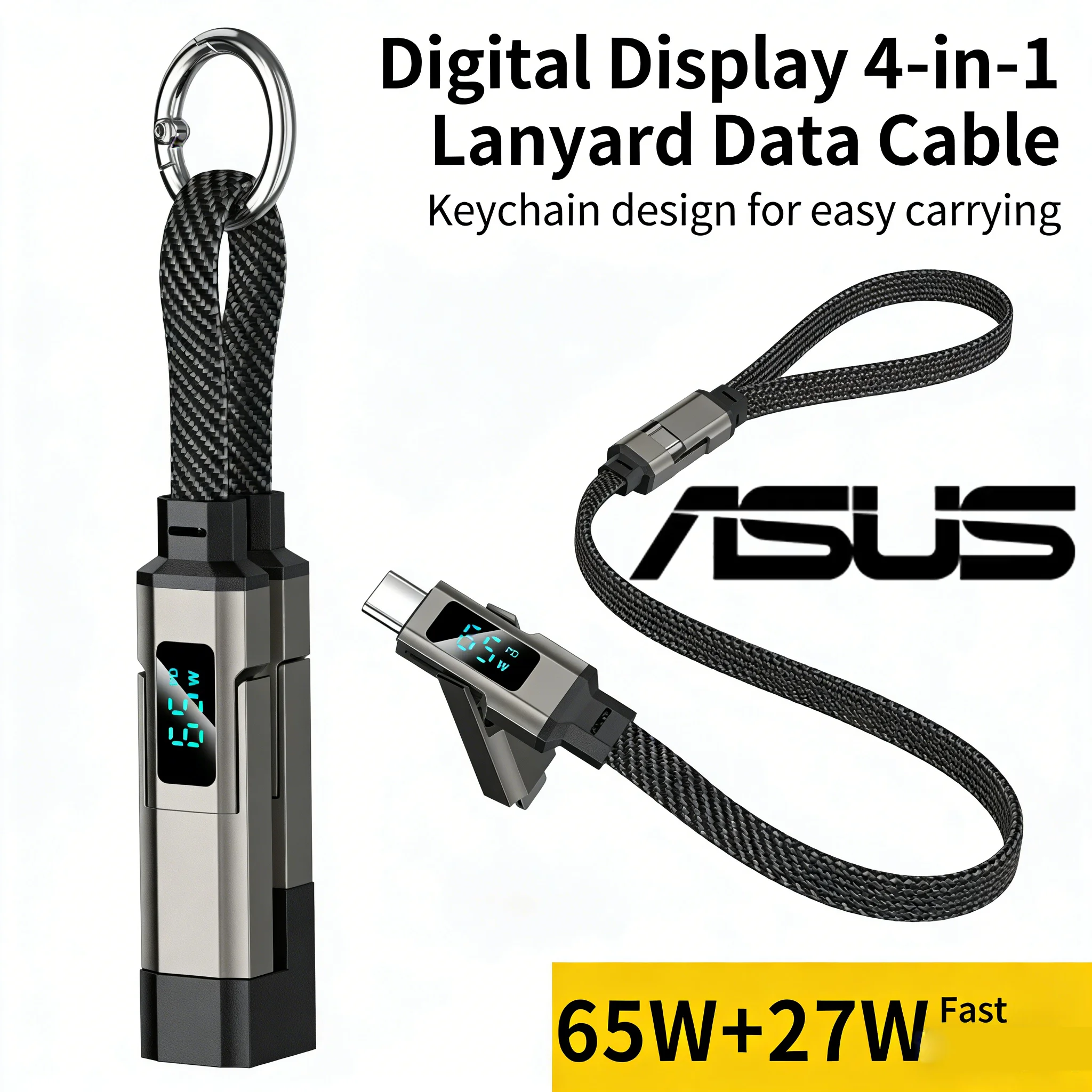 C�ble de donn�es porte-cl�s intelligent � affichage num�rique 4-en-1 ASUS 65W � charge ultra-rapide, c�ble court pour iPhone