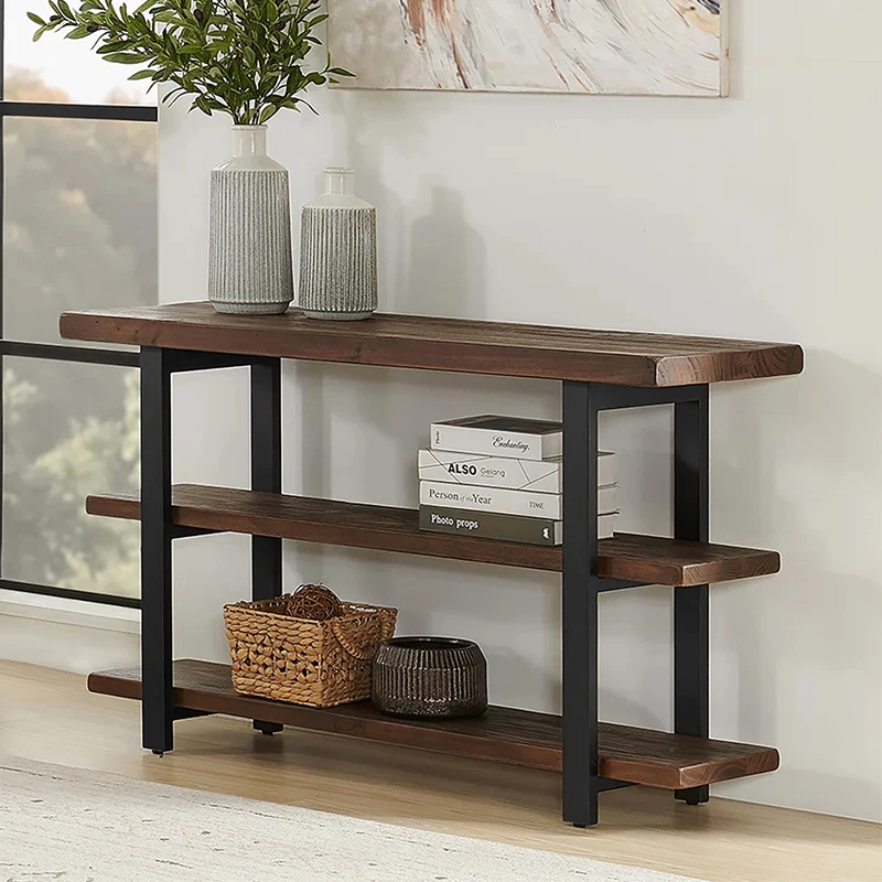 ^American wrought iron solid wood shelves, multi-layer floor-to-ceiling bookshelves, homestay against the wall, entrance table s