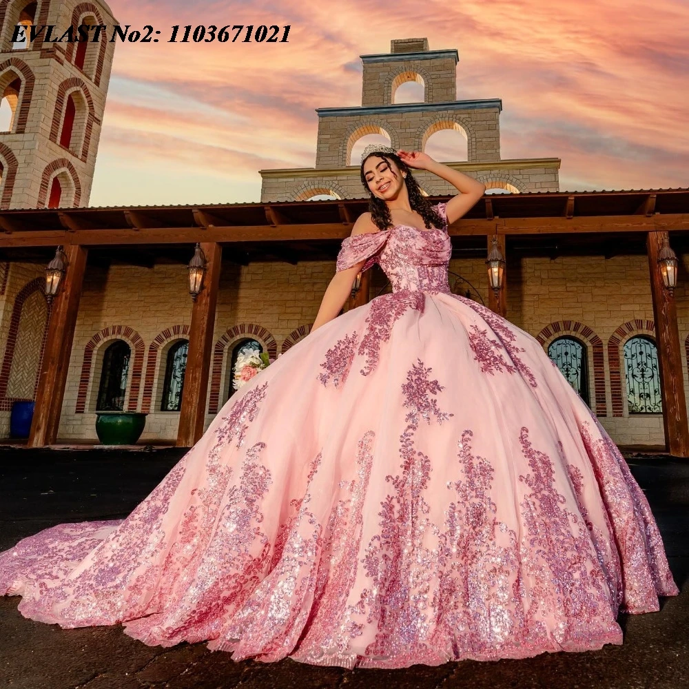 EVLAST disesuaikan Pink Quinceanera gaun gaun gaun bola berkilau renda Applique manik-manik payet korset manis 16 Vestidos De 15 Anos E2Q09