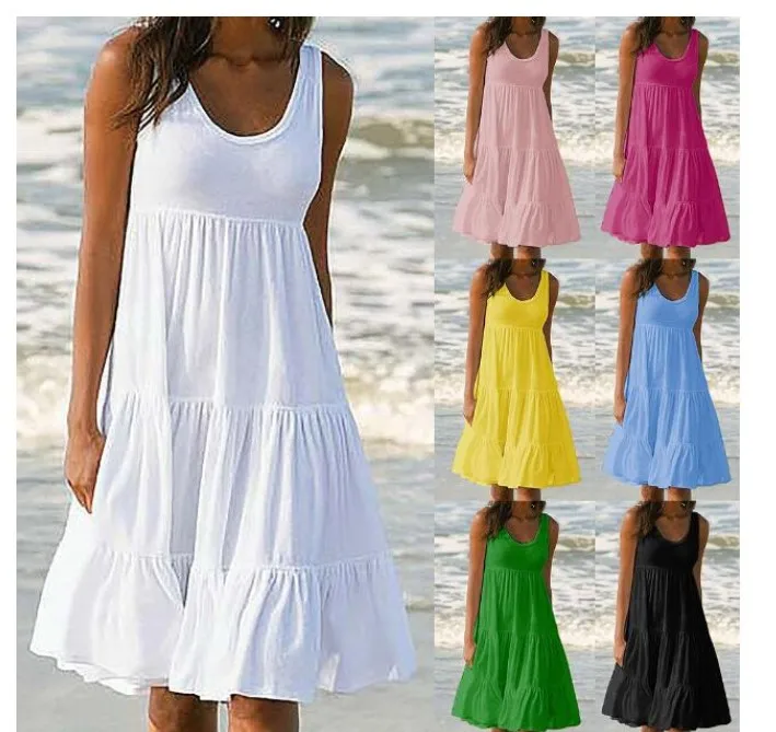 Plus Größe Frauen Casual O Hals Ärmellose Rüschen Mini Kleid Boho Solide Strand Sommerkleid Übergroßen Lose Kleid 2025, Sommer – Detail 2