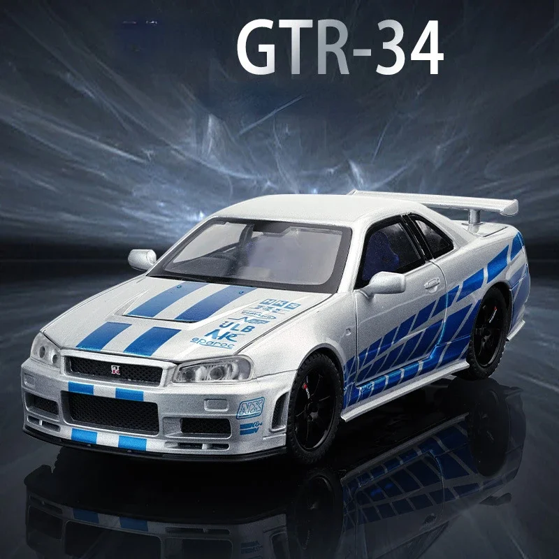 

Модель автомобиля в масштабе 1:32 Nissan Skyline GTR R34 из сплава, литый под давлением металлический автомобиль со звуком и звездами, коллекционная детская игрушка, подарки A946