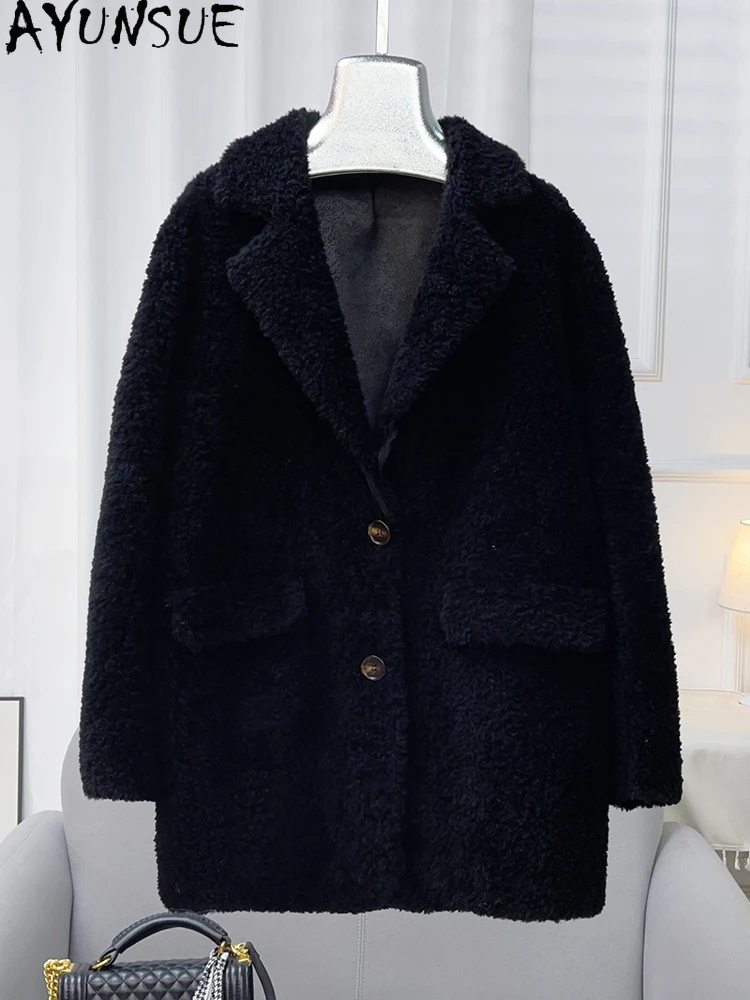 아윤수 100% 천연 양모 여성용 코트 2025 겨울 양털 코트 여성 의류 패션 슈트 칼라 퍼 코트 여성 의류