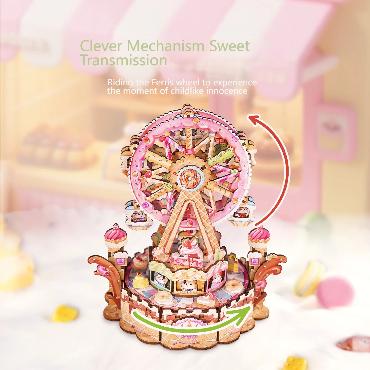 回転するデザート観覧車オルゴール - DIY 3D木製組み立てキット、メロディー付き手作りクラフト、子供と大人のためのユニークなギフト