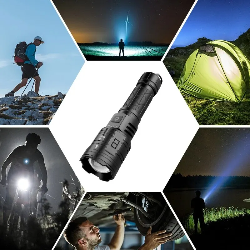 Lampes de poche rechargeables High Lumens 5 Modes LED Zoomable Lumineux Étanche Flash Lumière pour les Urgences, Camping, H