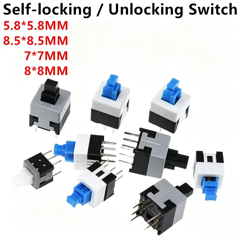 20PCS Self-locking / Unlocking Switch 5.8*5.8MM 7*7MM 8*8MM 8.5*8.5MM 6 Pin DPDT Mini Push Button Flat 7X7mm Micro Switch Kit