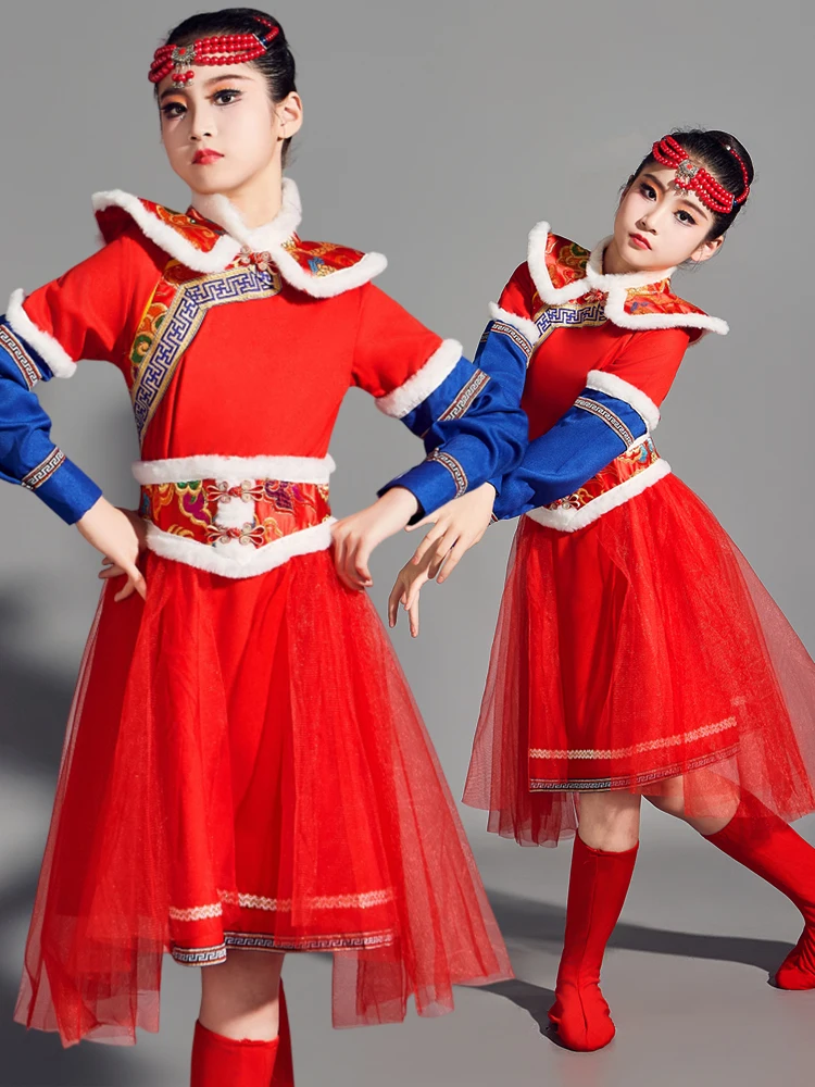 

Детский монгольский танцевальный костюм для выступлений, этнический монгольский национальный наряд для девочек, белое платье для степи, традиционное национальное платье